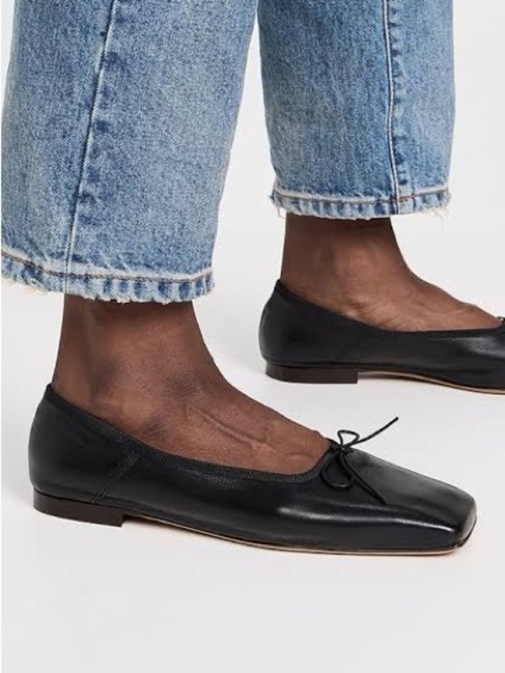 Mansur Gavriel Black Leather Square-Toe Ballet Flats with Tie
